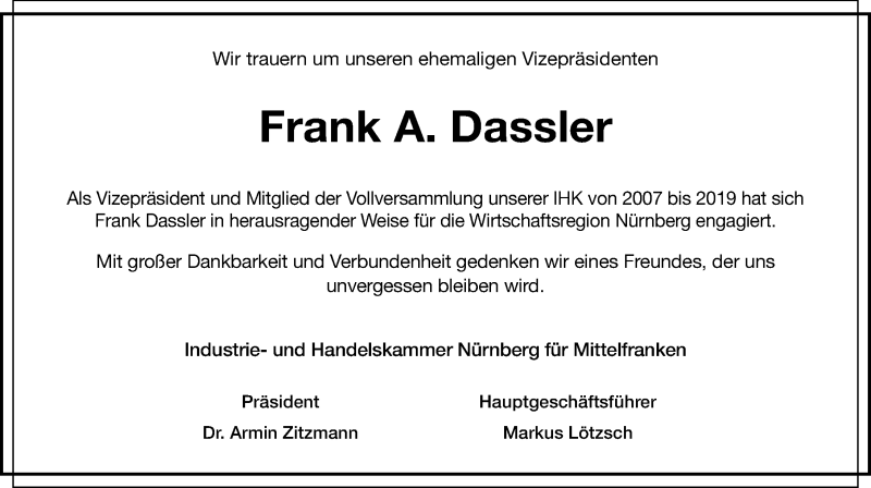  Traueranzeige für Frank A. Dassler vom 25.06.2020 aus Gesamtausgabe Nürnberger Nachrichten/ Nürnberger Ztg.