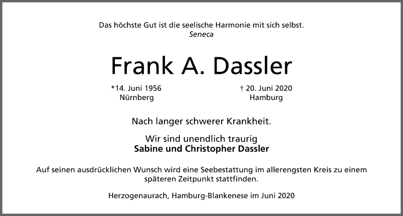 Traueranzeige für Frank A. Dassler vom 24.06.2020 aus Gesamtausgabe Nürnberger Nachrichten/ Nürnberger Ztg./ Nordbayer. Nachrichten Herzogenaurach