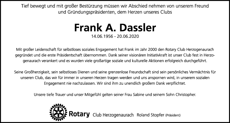  Traueranzeige für Frank A. Dassler vom 27.06.2020 aus Nordbayerische Nachrichten Herzogenaurach Lokal