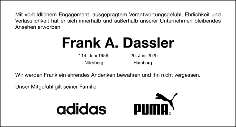 Traueranzeige für Frank A. Dassler vom 25.06.2020 aus Gesamtausgabe Nürnberger Nachrichten/ Nürnberger Ztg./ Nordbayer. Nachrichten Herzogenaurach