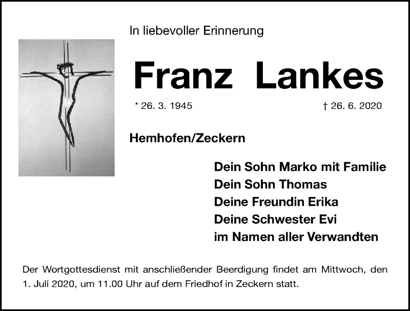  Traueranzeige für Franz Lankes vom 30.06.2020 aus Erlanger Nachrichten Lokal