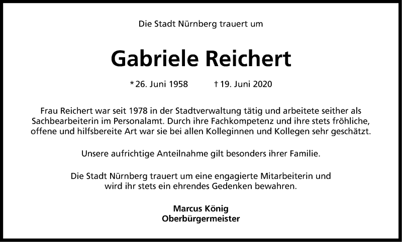  Traueranzeige für Gabriele Reichert vom 24.06.2020 aus Gesamtausgabe Nürnberger Nachrichten/ Nürnberger Ztg.
