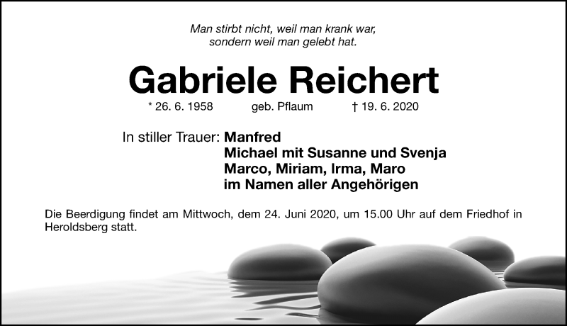  Traueranzeige für Gabriele Reichert vom 22.06.2020 aus Erlanger Nachrichten Lokal