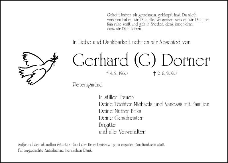  Traueranzeige für Gerhard Dorner vom 16.06.2020 aus Roth-Hilpoltsteiner Volkszeitung Lokal