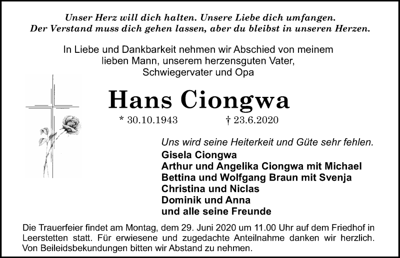  Traueranzeige für Hans Ciongwa vom 26.06.2020 aus Schwabach