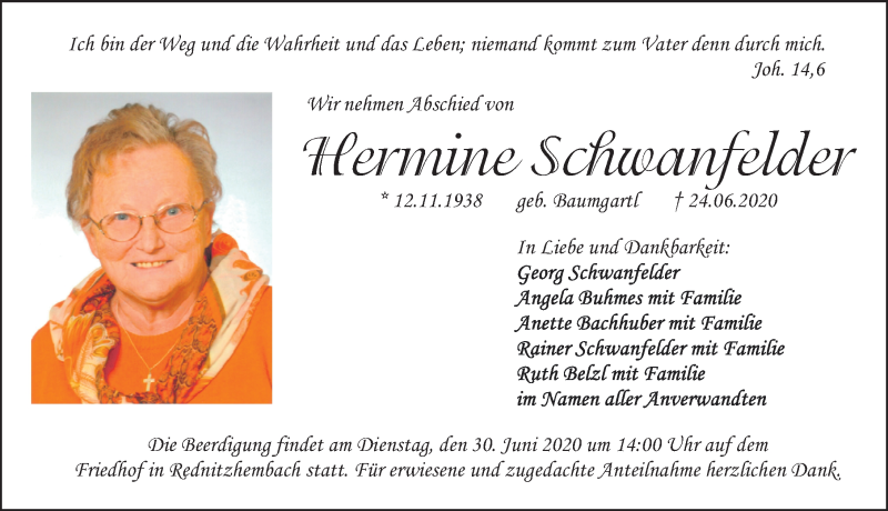  Traueranzeige für Hermine Schwanfelder vom 27.06.2020 aus Schwabach