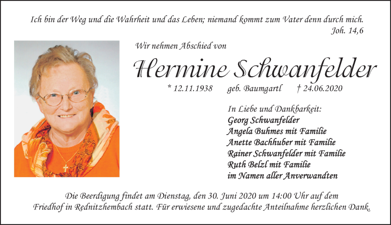  Traueranzeige für Hermine Schwanfelder vom 27.06.2020 aus Roth-Hilpoltsteiner Volkszeitung Lokal