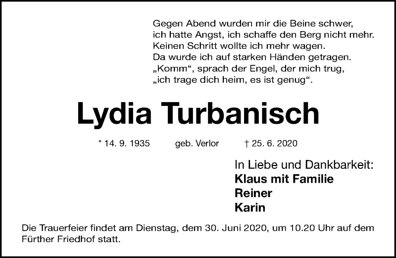  Traueranzeige für Lydia Turbanisch vom 27.06.2020 aus Fürther Nachrichten Lokal