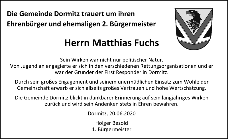  Traueranzeige für Matthias Fuchs vom 20.06.2020 aus Nordbayer. Nachrichten Forchheim/ Erlanger Nachrichten