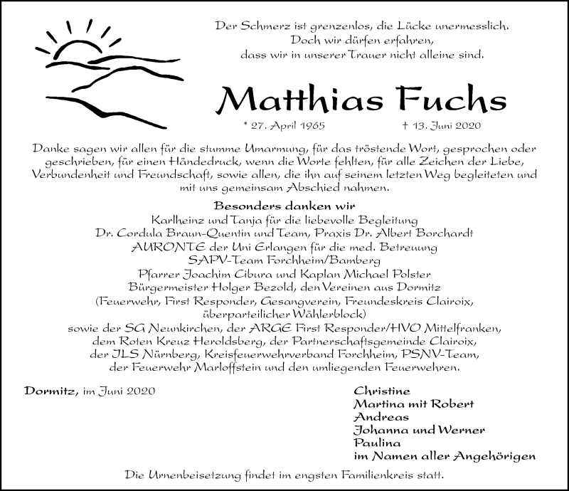  Traueranzeige für Matthias Fuchs vom 20.06.2020 aus Erlanger Nachrichten Lokal