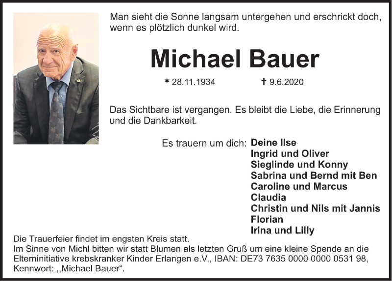  Traueranzeige für Michael Bauer vom 13.06.2020 aus Nordbayerische Nachrichten Herzogenaurach Lokal