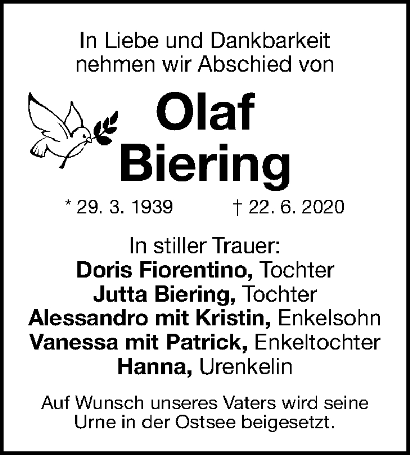  Traueranzeige für Olaf Biering vom 27.06.2020 aus Erlanger Nachrichten Lokal