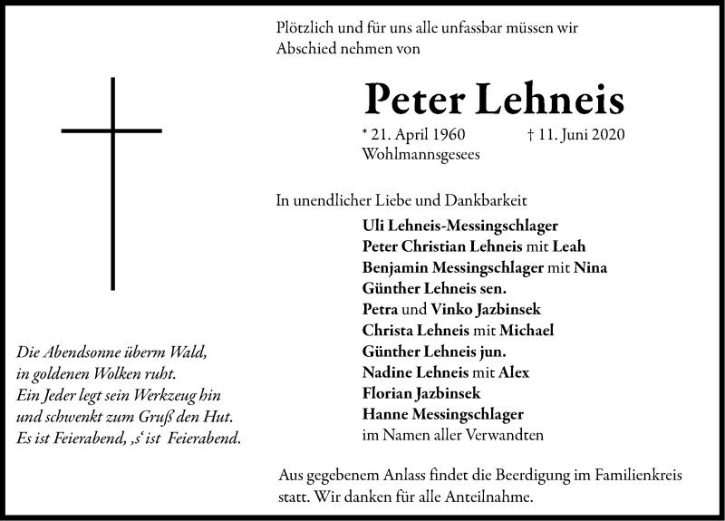  Traueranzeige für Peter Lehneis vom 17.06.2020 aus Nordbayerische Nachrichten Forchheim Lokal