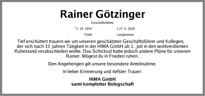  Traueranzeige für Rainer Götzinger vom 01.07.2020 aus Gesamtausgabe Nürnberger Nachrichten/ Nürnberger Ztg.
