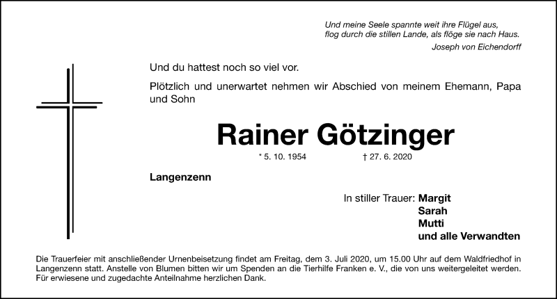  Traueranzeige für Rainer Götzinger vom 30.06.2020 aus Fürther Nachrichten Lokal