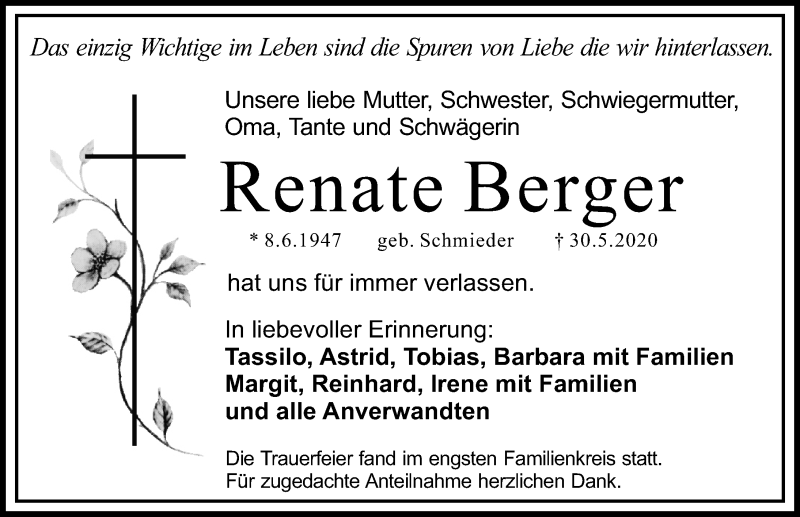 Traueranzeige für Renate Berger vom 27.06.2020 aus Schwabach