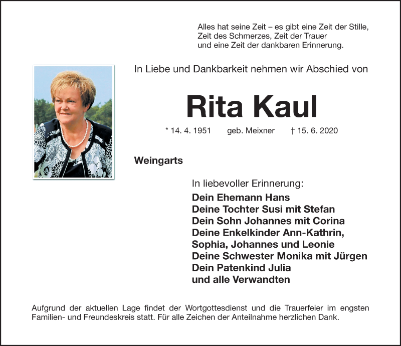  Traueranzeige für Rita Kaul vom 18.06.2020 aus Nordbayerische Nachrichten Forchheim Lokal