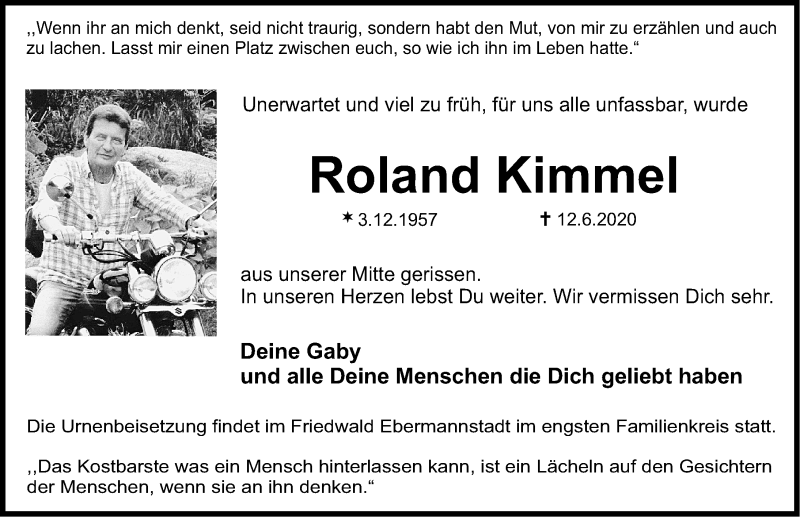  Traueranzeige für Roland Kimmel vom 27.06.2020 aus Nordbayerische Nachrichten Herzogenaurach Lokal