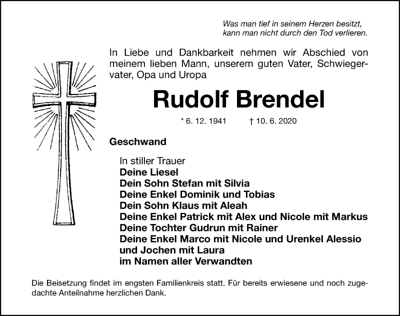 Traueranzeige für Rudolf Brendel vom 11.06.2020 aus Nordbayerische Nachrichten Forchheim Lokal
