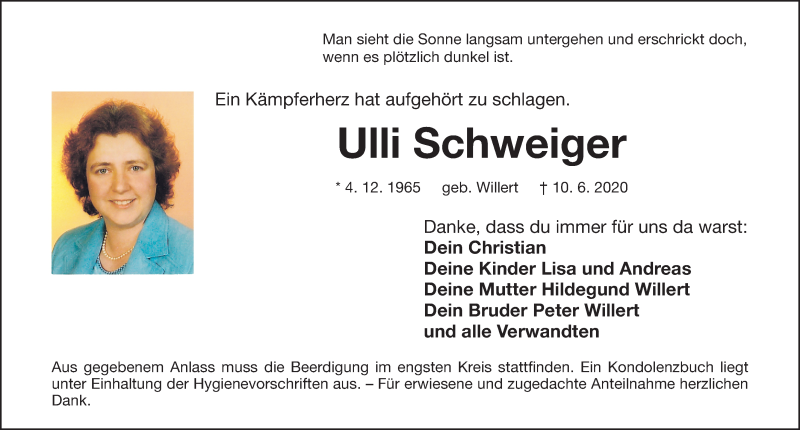  Traueranzeige für Ulli Schweiger vom 13.06.2020 aus Erlanger Nachrichten Lokal