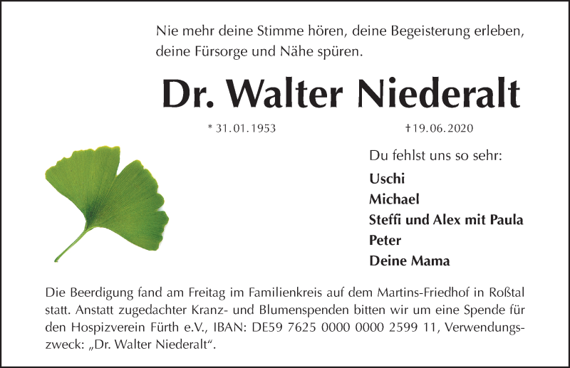  Traueranzeige für Walter Niederalt vom 27.06.2020 aus Gesamtausgabe Nürnberger Nachrichten/ Nürnberger Ztg.