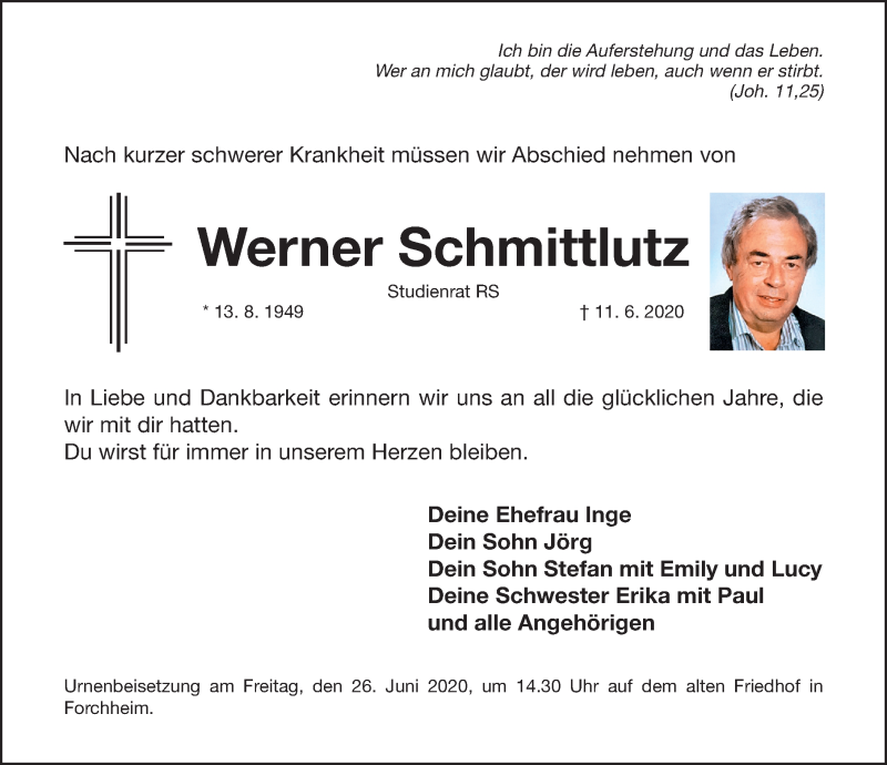  Traueranzeige für Werner Schmittlutz vom 20.06.2020 aus Nordbayerische Nachrichten Forchheim Lokal