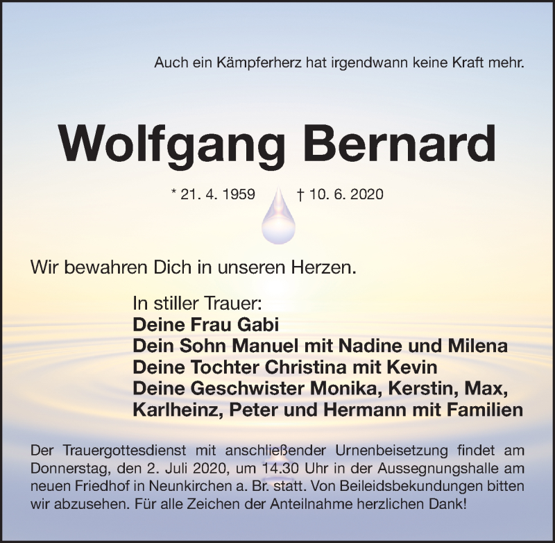  Traueranzeige für Wolfgang Bernard vom 27.06.2020 aus Erlanger Nachrichten Lokal