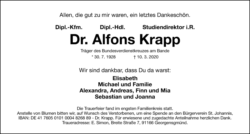  Traueranzeige für Alfons Krapp vom 04.07.2020 aus Gesamtausgabe Nürnberger Nachrichten/ Nürnberger Ztg.
