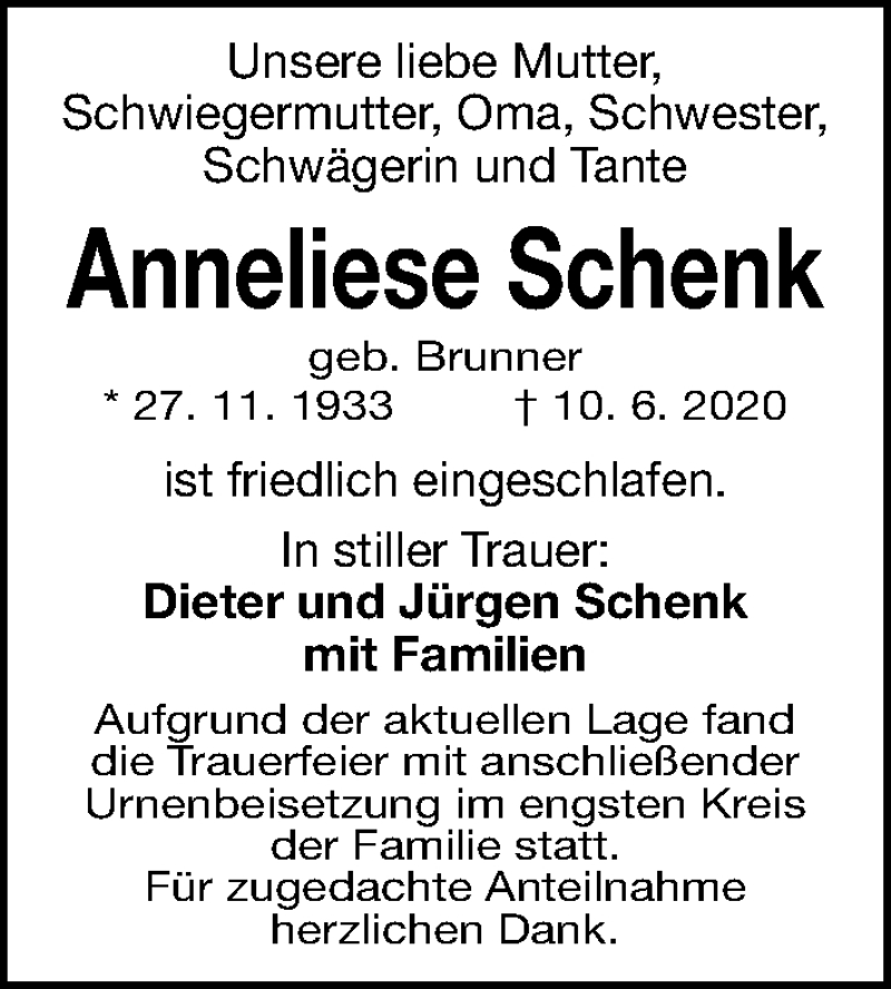  Traueranzeige für Anneliese Schenk vom 04.07.2020 aus Gesamtausgabe Nürnberger Nachrichten/ Nürnberger Ztg.
