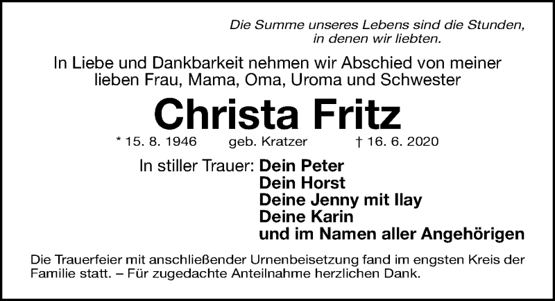  Traueranzeige für Christa Fritz vom 04.07.2020 aus Gesamtausgabe Nürnberger Nachrichten/ Nürnberger Ztg.