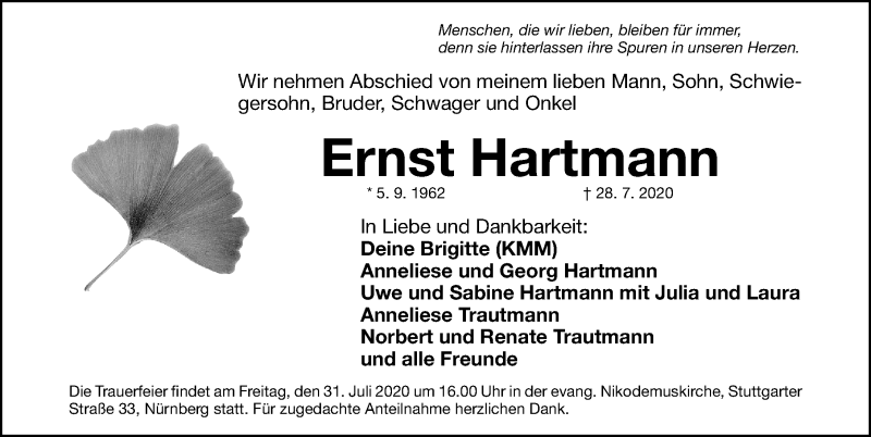  Traueranzeige für Ernst Hartmann vom 30.07.2020 aus Gesamtausgabe Nürnberger Nachrichten/ Nürnberger Ztg.