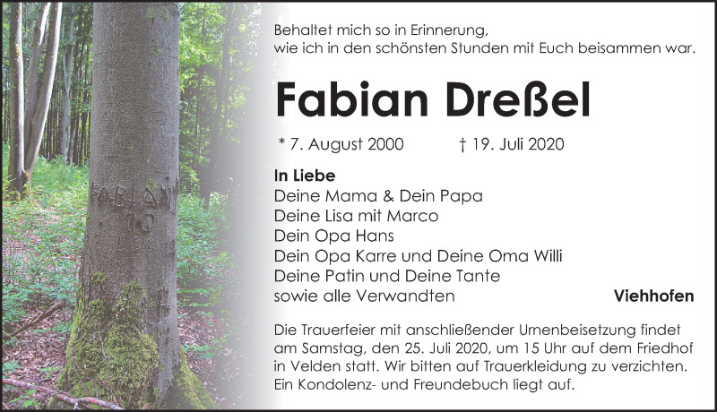  Traueranzeige für Fabian Dreßel vom 23.07.2020 aus Nordbayerische Nachrichten Pegnitz Lokal