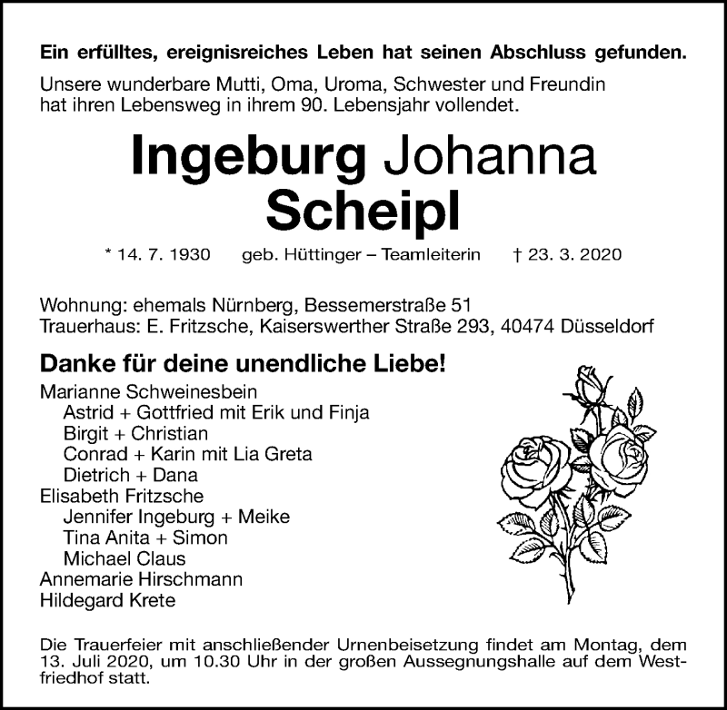  Traueranzeige für Ingeburg Johanna Scheipl vom 04.07.2020 aus Gesamtausgabe Nürnberger Nachrichten/ Nürnberger Ztg.