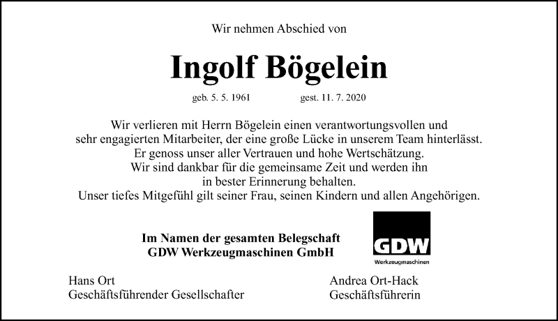  Traueranzeige für Ingolf Bögelein vom 29.07.2020 aus Erlanger Nachrichten Lokal