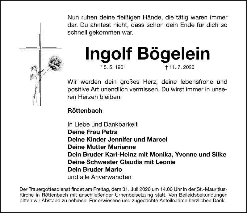  Traueranzeige für Ingolf Bögelein vom 29.07.2020 aus Nordbayerische Nachrichten Herzogenaurach Lokal