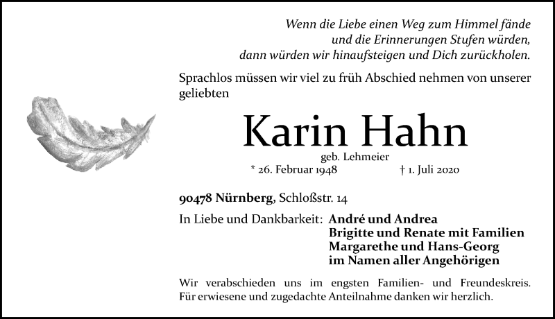  Traueranzeige für Karin Hahn vom 04.07.2020 aus Gesamtausgabe Nürnberger Nachrichten/ Nürnberger Ztg.