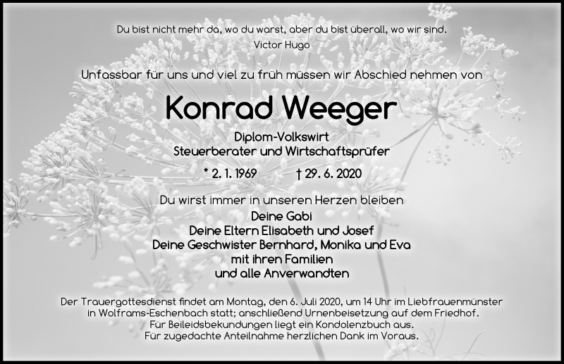  Traueranzeige für Konrad Weeger vom 03.07.2020 aus Altmühl-Bote Lokal