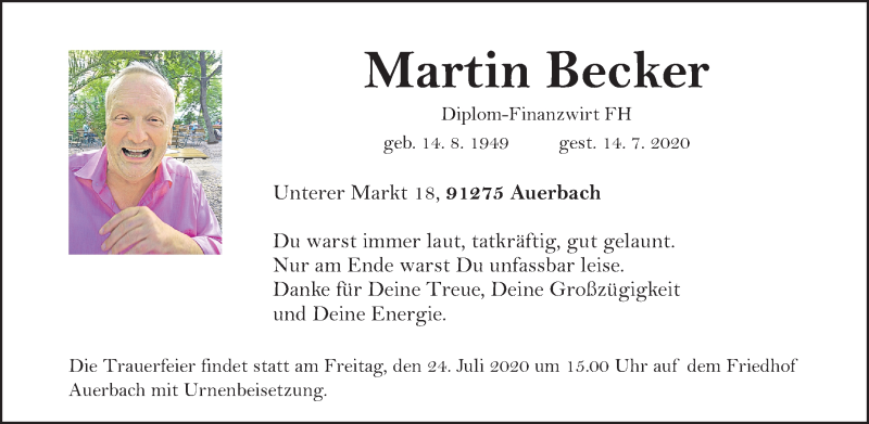  Traueranzeige für Martin Becker vom 21.07.2020 aus Nordbayerische Nachrichten Pegnitz Lokal