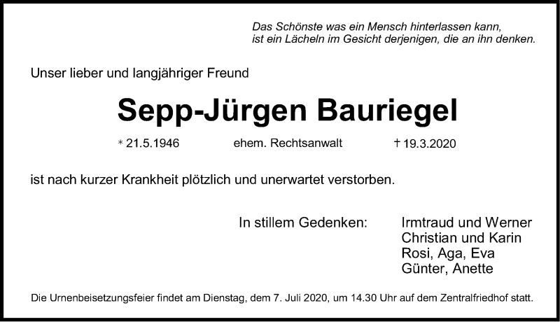  Traueranzeige für Sepp-Jürgen Bauriegel vom 04.07.2020 aus Erlanger Nachrichten Lokal