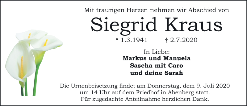  Traueranzeige für Siegrid Kraus vom 04.07.2020 aus Schwabach