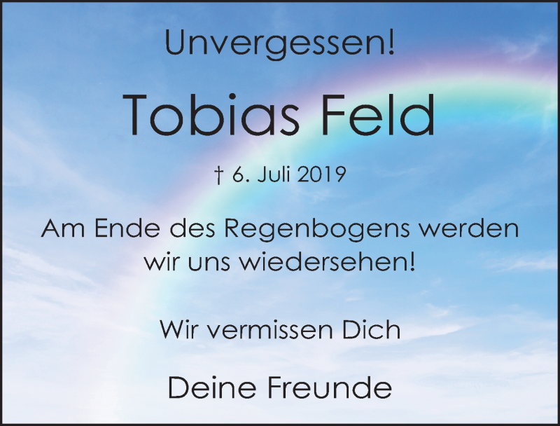  Traueranzeige für Tobias Feld vom 04.07.2020 aus Gesamtausgabe Nürnberger Nachrichten/ Nürnberger Ztg.