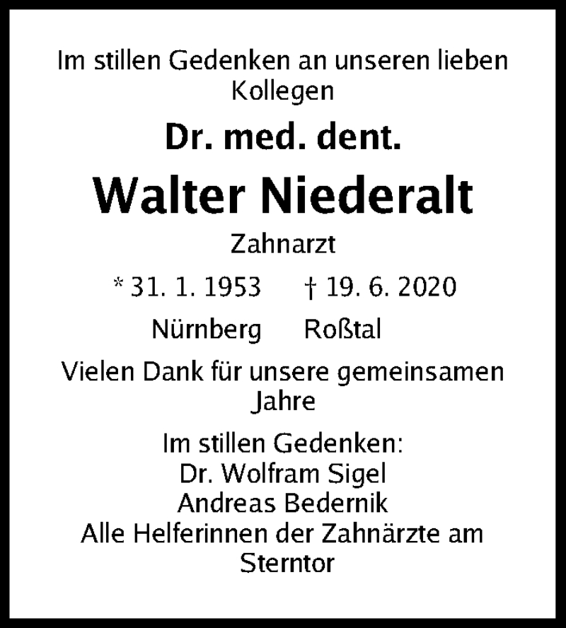  Traueranzeige für Walter Niederalt vom 04.07.2020 aus Gesamtausgabe Nürnberger Nachrichten/ Nürnberger Ztg.