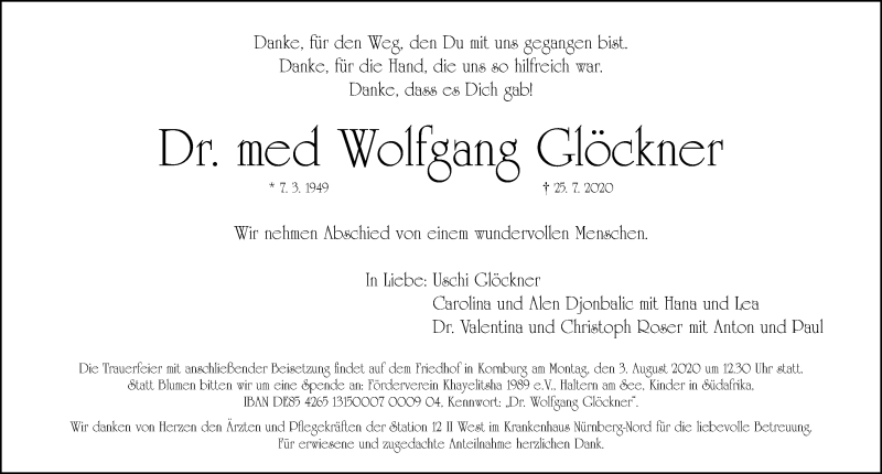  Traueranzeige für Wolfgang Glöckner vom 29.07.2020 aus Gesamtausgabe Nürnberger Nachrichten/ Nürnberger Ztg.