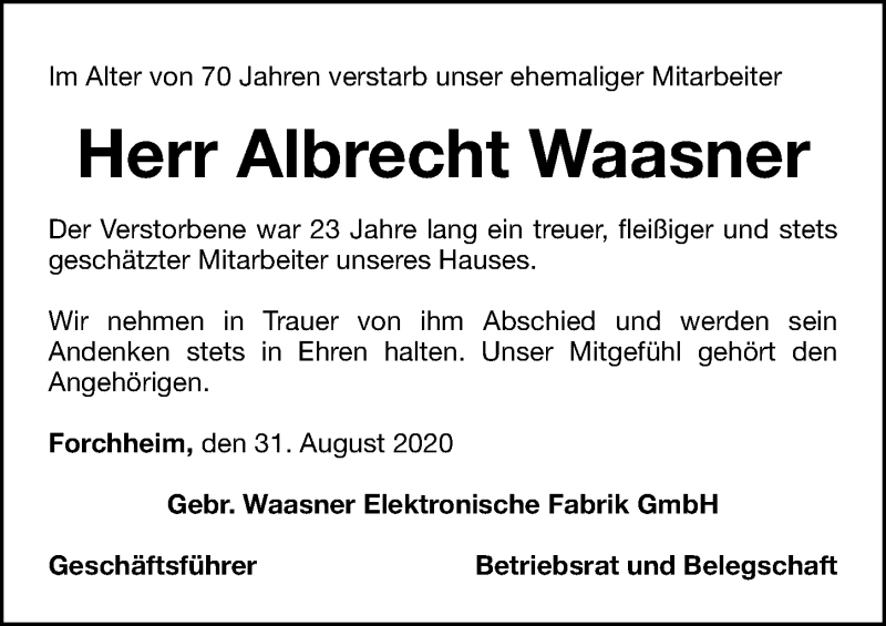  Traueranzeige für Albrecht Waasner vom 01.09.2020 aus Nordbayerische Nachrichten Forchheim Lokal