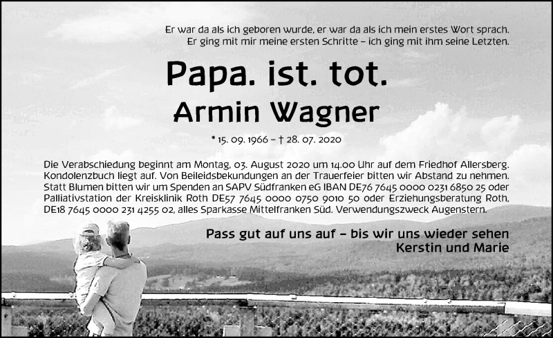  Traueranzeige für Armin Wagner vom 01.08.2020 aus Roth-Hilpoltsteiner Volkszeitung Lokal