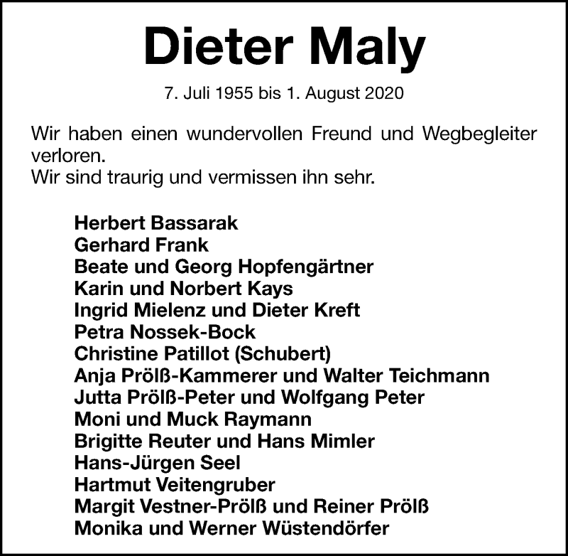  Traueranzeige für Dieter Maly vom 12.08.2020 aus Gesamtausgabe Nürnberger Nachrichten/ Nürnberger Ztg.