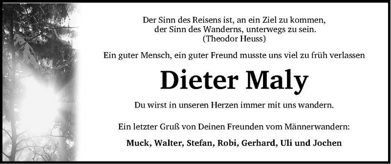  Traueranzeige für Dieter Maly vom 08.08.2020 aus Gesamtausgabe Nürnberger Nachrichten/ Nürnberger Ztg.