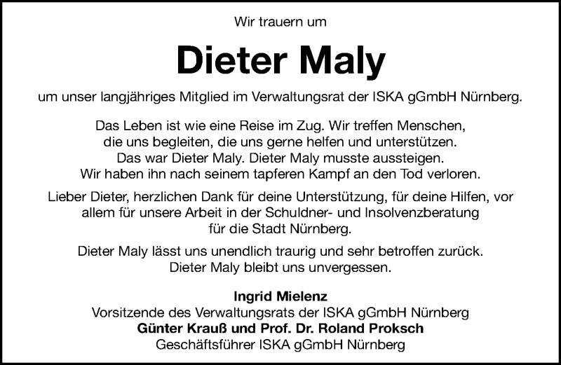  Traueranzeige für Dieter Maly vom 11.08.2020 aus Gesamtausgabe Nürnberger Nachrichten/ Nürnberger Ztg.