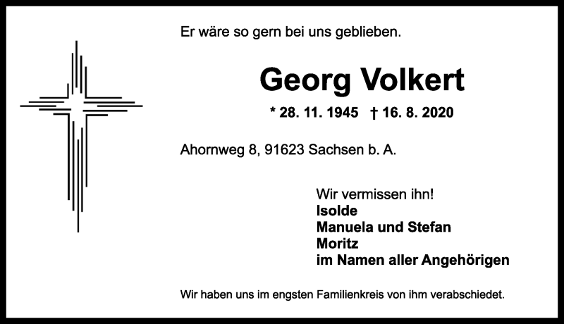  Traueranzeige für Georg Volkert vom 21.08.2020 aus Gesamtausgabe Nürnberger Nachrichten/ Nürnberger Ztg.