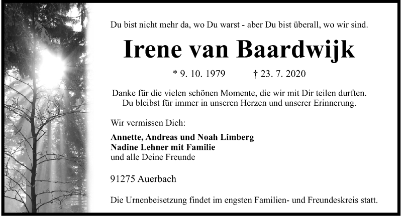  Traueranzeige für Irene van Baardwijk vom 01.08.2020 aus Nordbayerische Nachrichten Pegnitz Lokal
